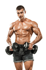 Fototapeta na wymiar Brutal strong muscular bodybuilder athletic man pumping up muscles with dumbbell on white background. Workout bodybuilding concept. Copy space for sport nutrition ads.