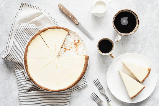 Classical New York Cheesecake And Coffee, Top View
