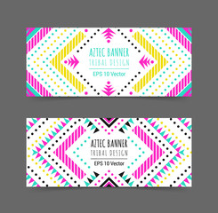 Bright colorful horizontal banner design template set with tribal aztec style ornament. Ethnic background collection. EPS 10 vector website header concept illustration. Clipping mask.