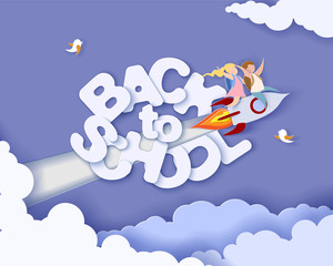 Back to school 1 september card. Children flying on rocket. Paper cut style. Vector illustration