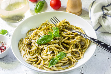 Spaghetti with homemade pesto sauce