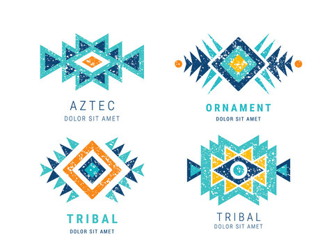 Colorful Aztec style ornamental geometric logo set. Indian ornate design. Tribal decorative templates. Ethnic ornamentation. Grungy shabby chic hipster texture. EPS 10 vector illustration.