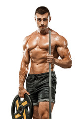 Fototapeta na wymiar Brutal strong muscular bodybuilder athletic man pumping up muscles with barbell on white background. Workout bodybuilding concept. Copy space for sport nutrition ads.
