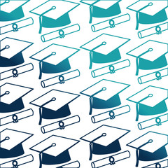 parchment diploma and hats graduation pattern vector illustration design