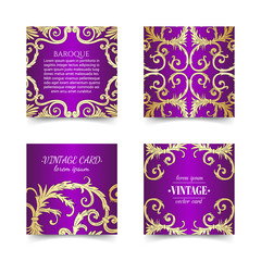 French baroque style elegant ornate visiting cards. Luxurious fashionable gold ornamental flyer design. Vintage fancy ornament decoration. Pathetic retro embellishment. EPS 10 vector brochure template