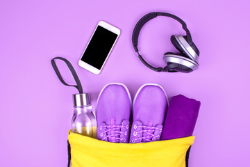 Creative flat lay of sport and fitness equipments