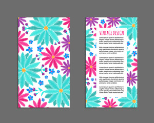 Embroidery style flyer with bright colorful flower and leaf pattern. Ethnic ornamental blanks. Rustic design ornament brochures. EPS 10 vector. Clipping masks