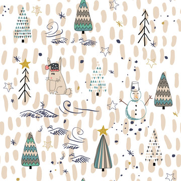 Winter Forest seamless pattern background. Scandinavian style.