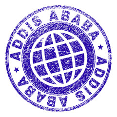 ADDIS ABABA stamp print with distress texture. Blue vector rubber seal print of ADDIS ABABA label with scratched texture. Seal has words placed by circle and globe symbol.