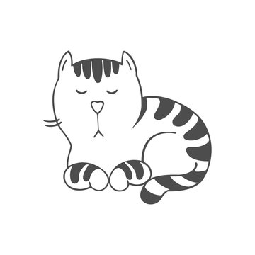 Sleeping striped cat vector illustration. Black and white cat on a white background.   