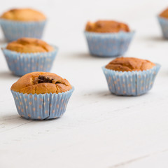 Closeup of homemade vanilla muffins in blue paper cups on white wooden background. Healthy snack.