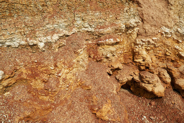 the texture of the dry clay at the sea cliff, sea coast with high hills, beautiful wild landscape