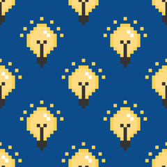 Shining pixel electric lamps, light bulbs on blue seamless pattern background.