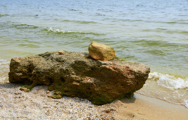 stone on the shore, wild beach by the sea, beautiful wild landscape