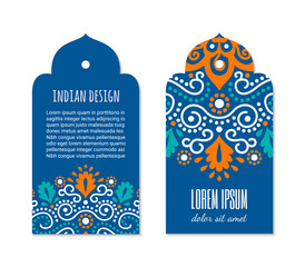 Indian badge set with bright colorful mehendi mandala ornament. Ethnic arabian ornamental label. Oriental tag design concept. Asian brochure template. Eastern style. EPS 10 vector. 