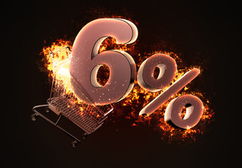 Burning shopping cart and red Six percent discount sign. 3D illustration