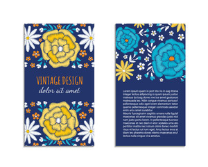 Embroidery style pamphlet with bright colorful pattern. Ethnic blanks. Rustic design brochures. EPS 10 vector. Clipping masks