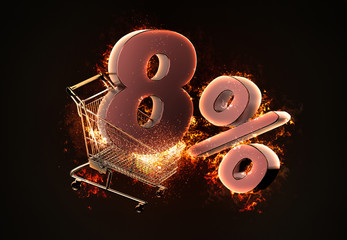 Burning shopping cart and red Eight percent discount sign. 3D illustration