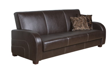 the sofa is leather brown