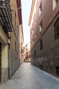 Facade of typical Buildings and streets in City of Madrid, Spain