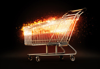 Burning shopping cart. 3D illustration