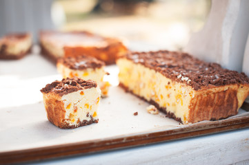 Sliced homemade cheesecake. selective focus