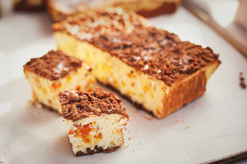 Sliced homemade cheesecake. selective focus