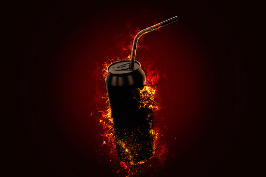 Flaming energy drink tin can. 3D illustration