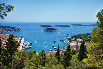 Hvar town and the harbor framed by foliage in Croatia
