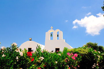 Greek Church with beautiful flowers.