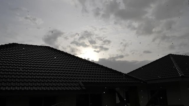 slow motion rainy day sunset scene, water pouring rain falling on roof house