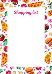 Shopping list template with watercolor illustration of assorted food. Design for print notebooks and daily planner