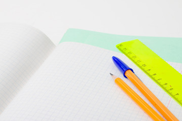 Back to school and education concept. school office supplies pencils, pen, ruler, paper, notebook. for educational new academic year begin or study term start. Copy space