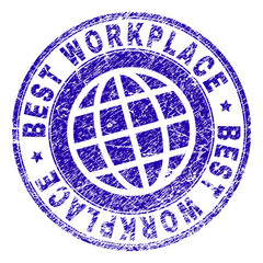 BEST WORKPLACE stamp print with grunge texture. Blue vector rubber seal print of BEST WORKPLACE tag with scratched texture. Seal has words arranged by circle and planet symbol.