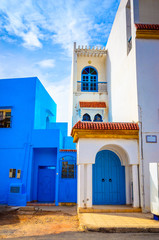 Beautiful street of blue medina in city Chefchaouen,  Morocco, Africa.