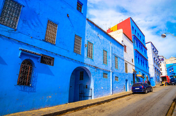 Beautiful street of blue medina in city Chefchaouen,  Morocco, Africa.