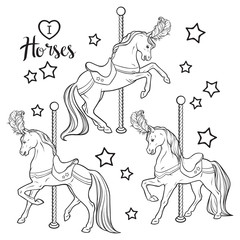 Cute carousel horses and stars set isolated vector illustration. Coloring book pages for adults and kids