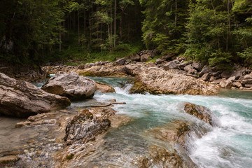landscape with mountains, forest and a river in front. beautiful scenery