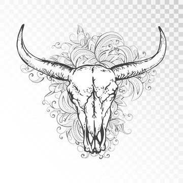 Vector illustration with a wild buffalo skulls and flowers pattern. Black and white silhouettes on a transparent background. For t-shirts, posters and other your design.