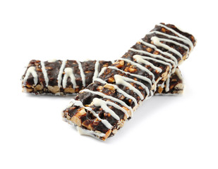 Grain cereal bars with chocolate on white background