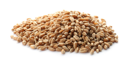 Raw wheat on white background. Healthy grains and cereals