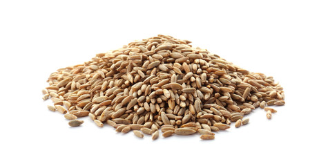 Raw rye on white background. Healthy grains and cereals