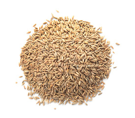 Raw rye on white background. Healthy grains and cereals