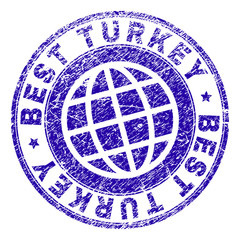 BEST TURKEY stamp print with distress texture. Blue vector rubber seal print of BEST TURKEY caption with scratched texture. Seal has words arranged by circle and globe symbol.