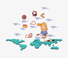 woman with smartphone sitting on world map social media