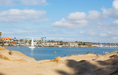 Marina landscape of the coastal access to the beach. Southern California coastline travel vacations.