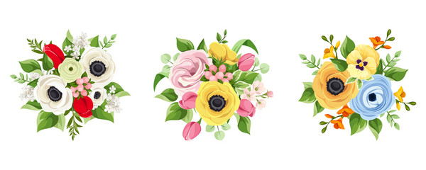 Vector set of red, pink, orange, yellow, white and blue flowers isolated on a white background.