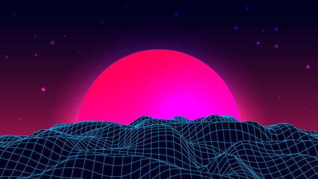 Wireframe background landscape. 1980s retro wave style. Sci-Fi futuristic vector illustration of sunrise or sunset.
