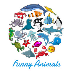 Vector poster of cartoon sea animals and fish