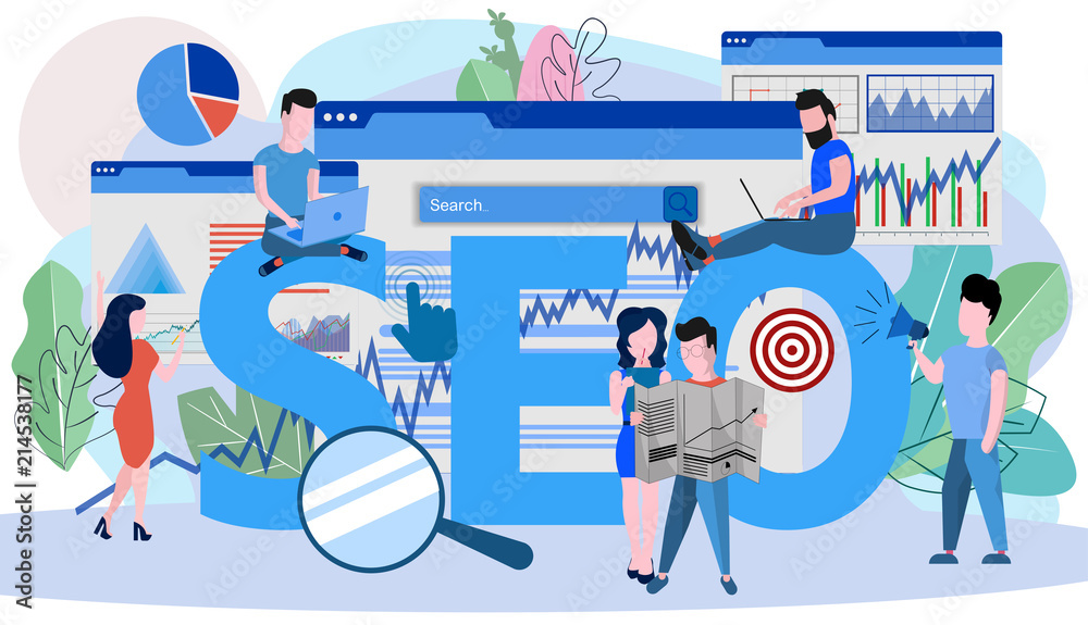 Poster Concept SEO, market research Web site coding, internet search optimization for web page, banner, presentation, social media, documents. Vector illustration search engine optimization, Web site coding